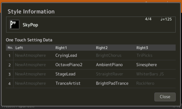 Style Information screen showing OTS information for SkyPop style.