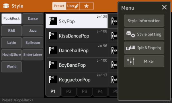 Menu options from Style Select screen
