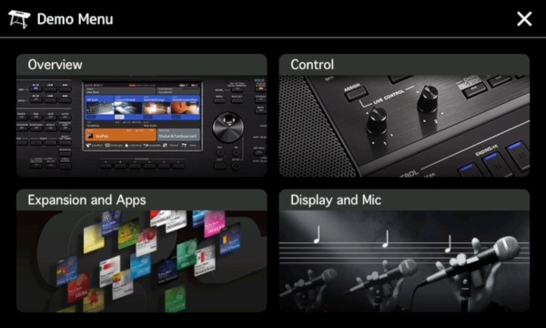 Demo Menu screen with 4 options: Overview, Control, Expansion, Display.