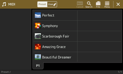 MIDI Preset songs included on P1.