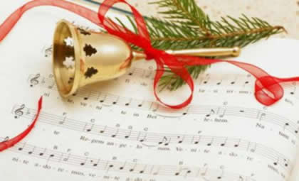Winter Christmas Concert scene with musical notes and snow