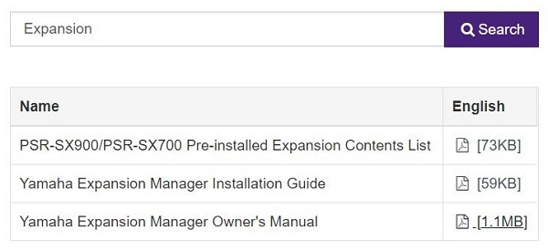 Table showing results of a search on the term Expansion.