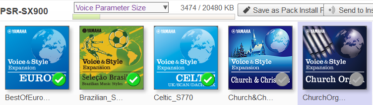 PSR-SX900 pack area showing 2 of first 5 packs not selected.