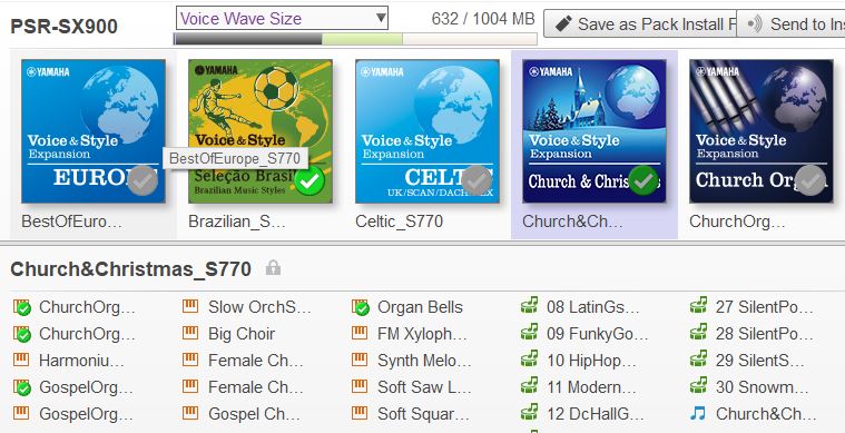 Partial screen shot showing some voices selected from Church&Christmas pack.