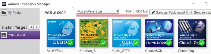 PSR-SX900 pack area showing first 5 packs selected.