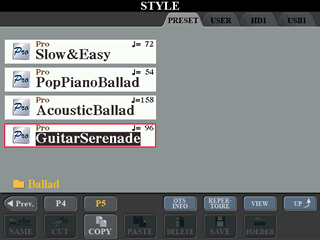 STYLE display screen for Preset