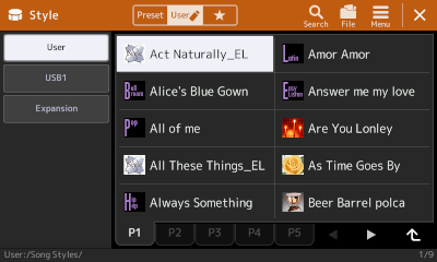Contents of Song Styles with Act Naturally_EL style highlighted.