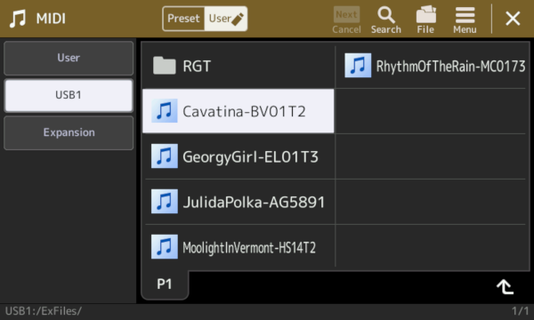 MIDI User USB1 screen shwoing contents of ExFiles folder.