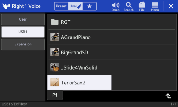 Right1 Voice User USB1 screen showing voices in ExFiles folder.