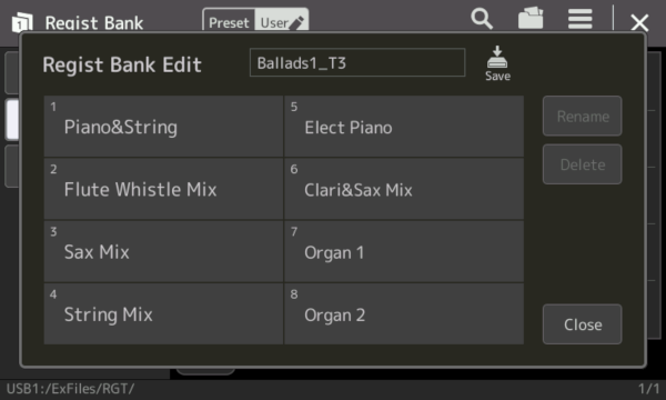 Regist Bank Edit screen showing names for the 8 registration buttons.
