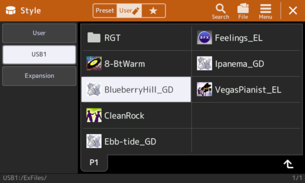 Style User USB screen showing styles in ExFiles folder.