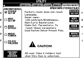 Utility - System Reset screen