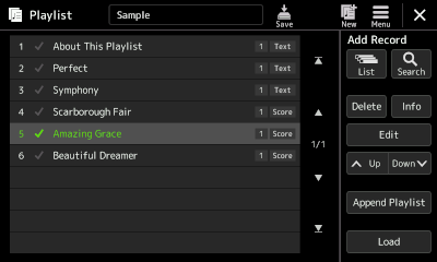 Sample playlist with Amazing Grace selected.