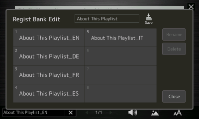 Regist Bank Edit screen showing button labels for the About This Playlist registration.