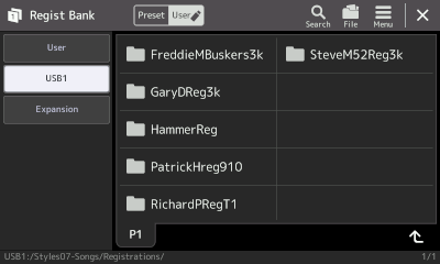 Contents of Styles07-Songs/Registrations folder in USB1.