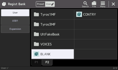 Regist Bank screen with BLANK registration file listed on P2 of User screen