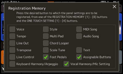 Registration Memory with only Foot Pedals and Mic checked.