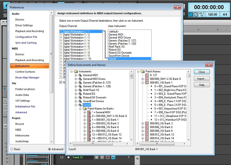 Figure 1 - Assigning instrument definitions to MIDI output