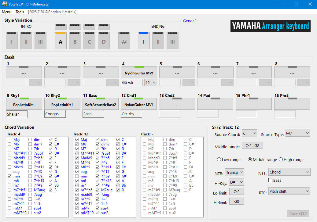 Y-StyleCV software interface showing chord variation editing for Yamaha styles
