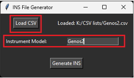 INS File Generator interface with loaded CSV file and keyboard model specified
