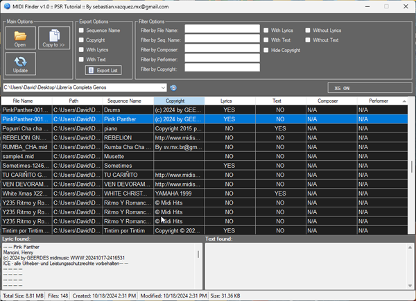 MIDI Finder application interface showing search filters and file management options