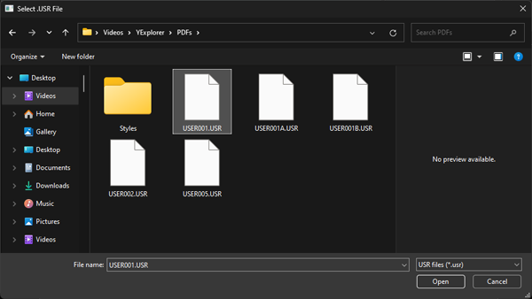 Selecting a USR file in the Style File Extractor