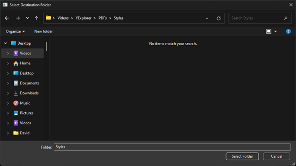 Selecting destination folder for extracted STY files