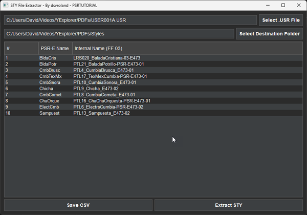 Style File Extractor application interface showing file selection and style preview options