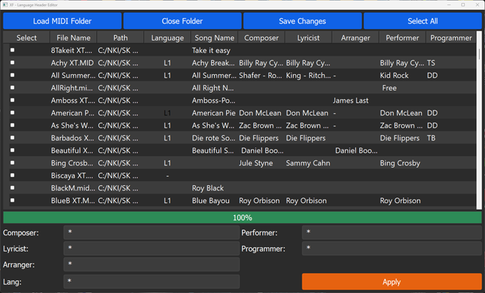 XF Language Header Editor application interface showing file list and editing options