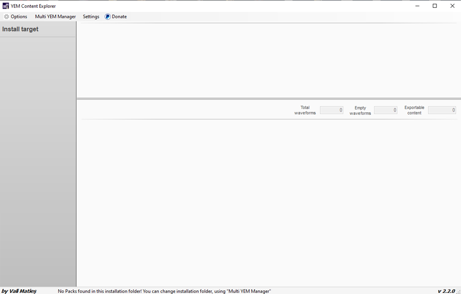 YEM Content Explorer interface displaying expansion packs and voice parameters